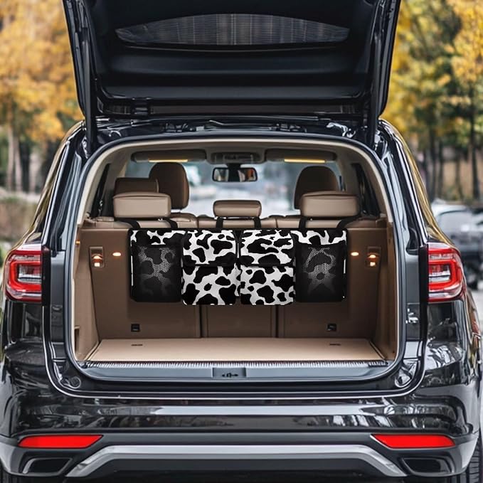 Dust-Proof Back Seat Organizer - Heavy-Duty Trunk Storage with Adjustable Straps, Cow Print Car Organizer for Truck Sedan SUV