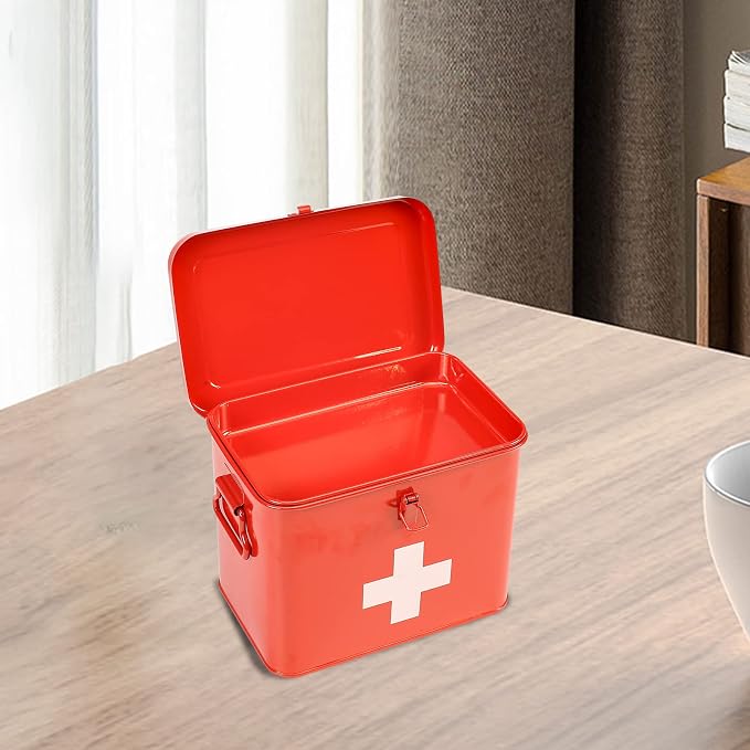 First Aid Kit, First Aid Medicine Supplies Bin - 2-Tier Metal Medicine Storage Tin, Samll First Aid Box with Removable Tray for Home & Workplace Emergency Tool Set - Red