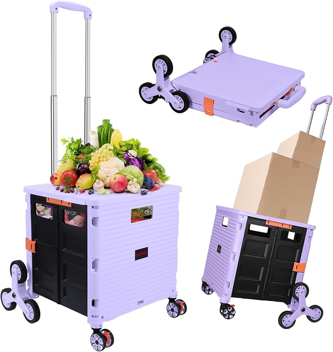Foldable Utility Cart Collapsible Crate Rolling Carts with Stair Climbing Wheels Rolling Tote Basket Teacher Cart with Lid Wear-Resistant 360°Rotate Wheel Noiseless for Shopping Grocery Office