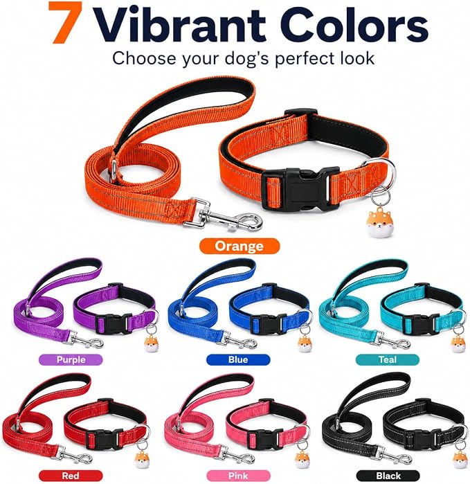 Reflective Soft Neoprene Padded Matching Dog Collar with Leash Airtag Holder Case Set Safety Breathable Adjustable Nylon Dog Collars for X-Small Small Medium Large Dogs-Orange-XS