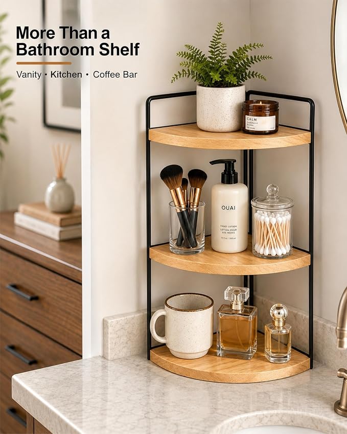 3-Tier Corner Bathroom Countertop Organizer, Solid Pine Wood Vanity Shelf | Natural wood solid pine shelves with 6.3 in clearance for tall bottles, skincare, perfume, and daily essentials.