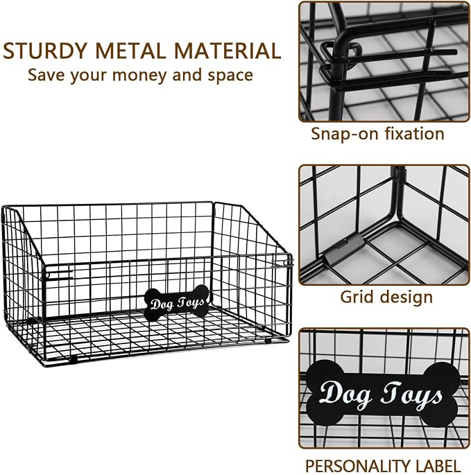 Geyecete 2 Pack Toy box for dogs large Dog Toy organizer Pet wire folding basket DOG TOY container dog toy box-Chew-Proof Dog Food Toy Storage-Black