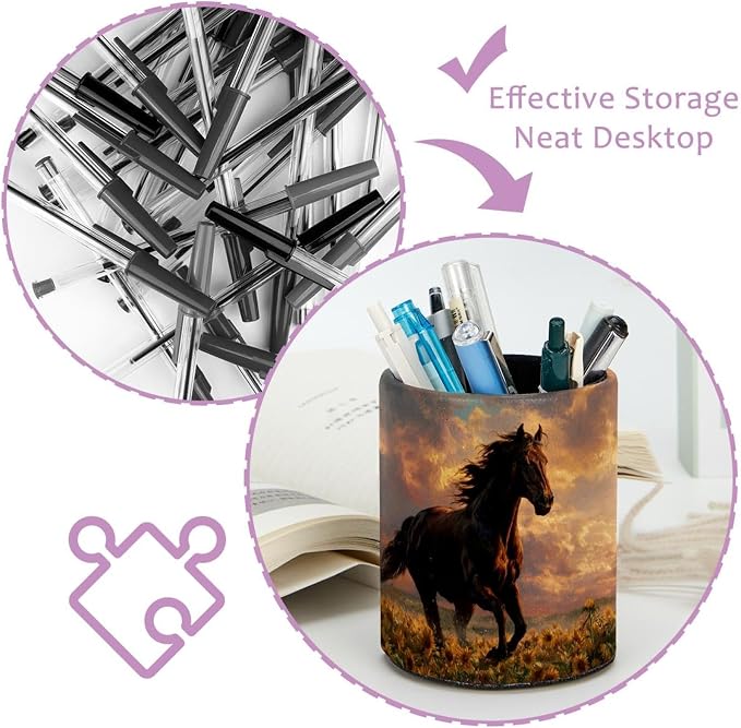 Faux Leather Pen Holder for Desk, Pencil Organizer Horse and Sunflowers Pen Cup Desk Decor Makeup Brush Holder Storage for Office Home
