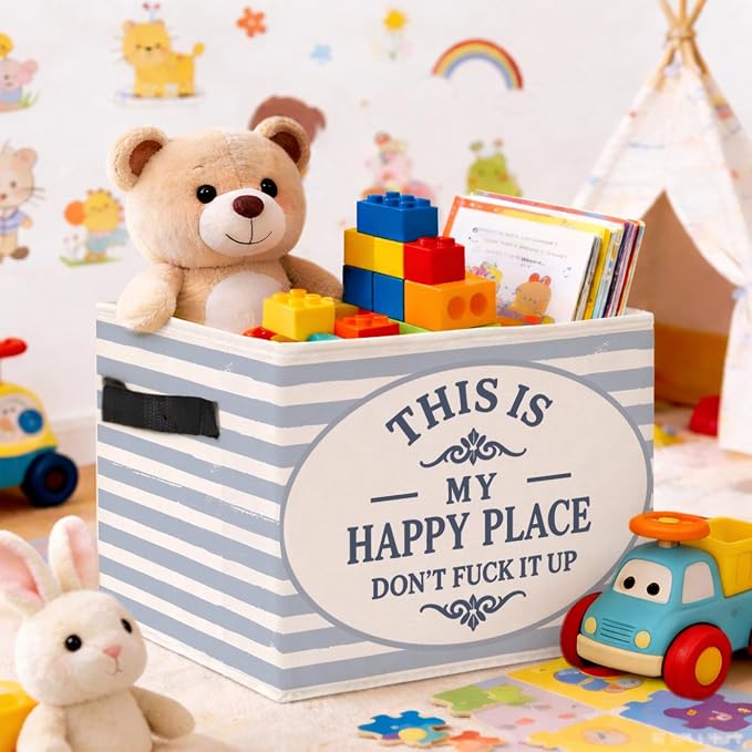 Happy Place Storage Bin, Foldable Fabric Basket for Home Organization | Foldable fabric storage bin with happy place quote design for toys, books, clothes, bedroom, closet, living room, and office.