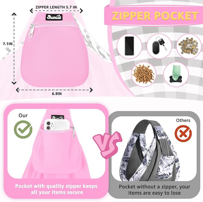 Lukovee Pet Sling, Puppy Small Pet Cat Carrier with Safety Hook | Hands-Free,Padded Strap, Breathable, Adjustable, Storage Pocket, Tote Bag Shoulder Bag with Front Pocket (Pink-WY,L)