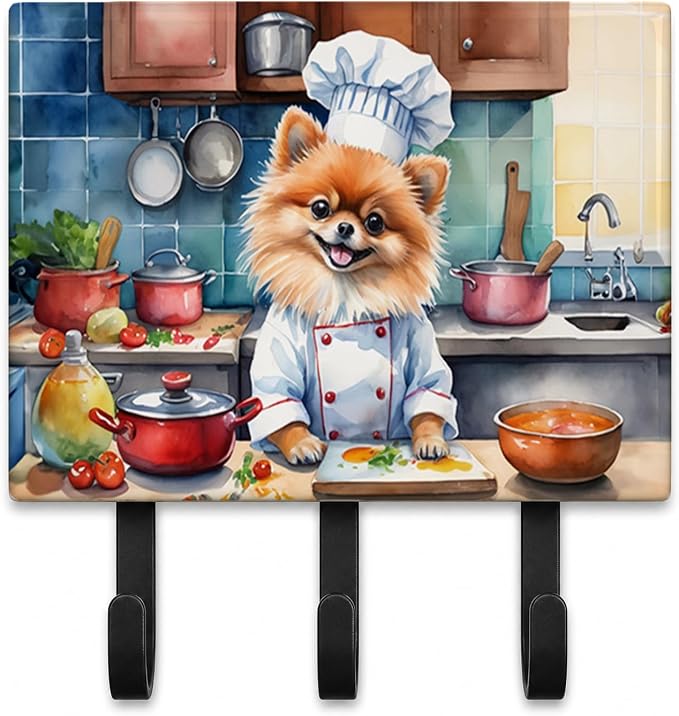 Caroline's Treasures Pomeranian The Chef Leash or Key Holder Wall Hooks, Key Hooks Holder, Coat Rack Wall Mount, Coat Hooks, Hooks for Hanging Keys, Towels, Aprons, Leashes | Pomeranian The Chef artwork on ceramic tile with three steel hooks for keys, ...