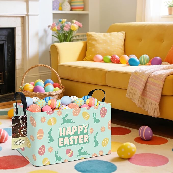 Rectangle Canvas Foldable Storage Basket for Nursery, Green Easter Egg | Portable and collapsible cloth receptacle. Stores pet essentials, daily use items. Folds flat when not in use