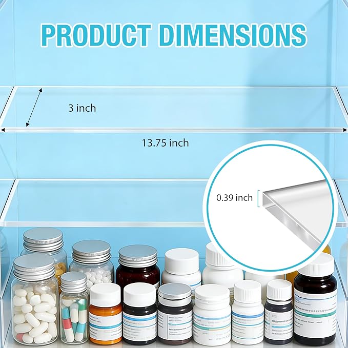 4 Pcs Medicine Cabinet Shelves Replacement, Acrylic | 13.75 Inch Acrylic Replacement Organizer for Bathroom Living Room Wall Mounted Shelves for Kitchen Cabinet (Clear)
