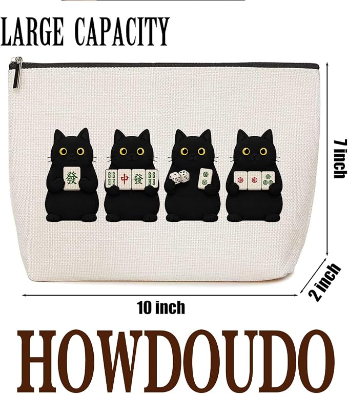 Mahjong Black Cat Makeup Bag Gift for Cat Lovers Funny Cosmetic Bag | Funny Durable Travel Organizer Pouch for Women, Outdoor Portable Toiletry Bag, Gift for Mahjong Lovers