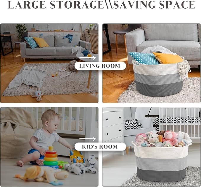 Maliton Woven Rope Blanket Basket Living Room, Storage Basket for Toy, 90L | 22x22x14 cotton rope basket. Holds blankets, toys & towels & laundry. For bedroom, nursery, bath & playroom. Soft & durable.