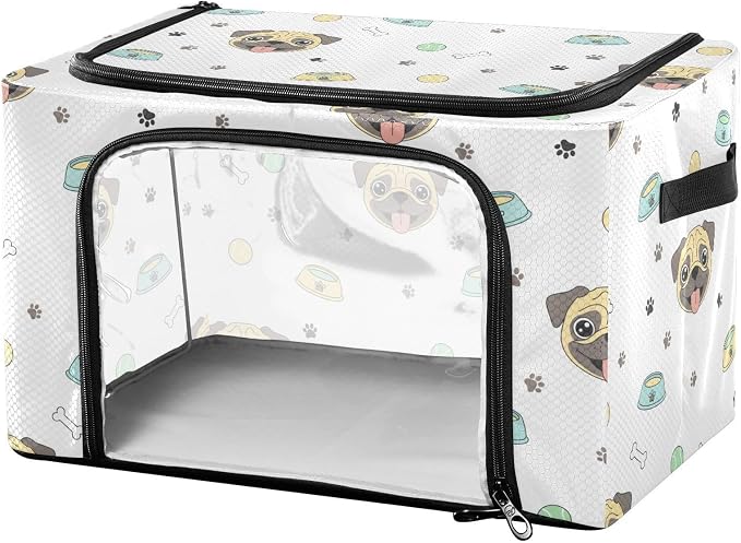 Pet Dog White pattern Under Bed Storage Containers with Double Zipper Openings, Foldable Clothes Storage Bins with Clear Window and Handles for Comforters Bedding Blankets