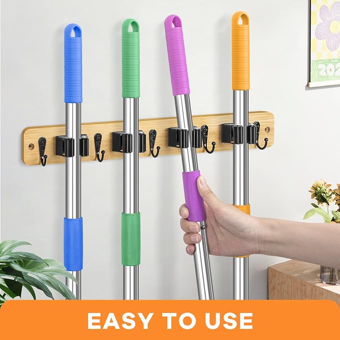 IMILLET Broom Holder Wall Mount, Rustic Broom Hanger for Laundry Room | Broom and Mop Organization and Storage, Mop Holder for Home Decor,Garden,Garage,Closet,4 Racks and 5 Hooks