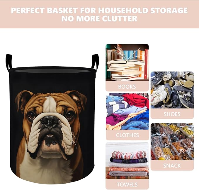 Bulldog Laundry Basket Hamper 19.7"x15.8", Organizer Bins Gifts for Women Men Adults, Cute Dog Foldable Waterproof Oxford Clothes Storage Bucket for Bedroom Bathroom Decor