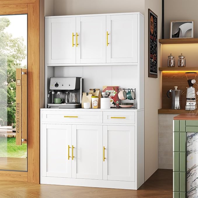 71 Sideboard Buffet Cabinet, Metal Kitchen Coffee Bar Cabinet White | Pantry Sideboard Storage, Coffee Bar Table Console with Cable Hole, Drawers, Adjustable Shelves for Kitchen, Living Room