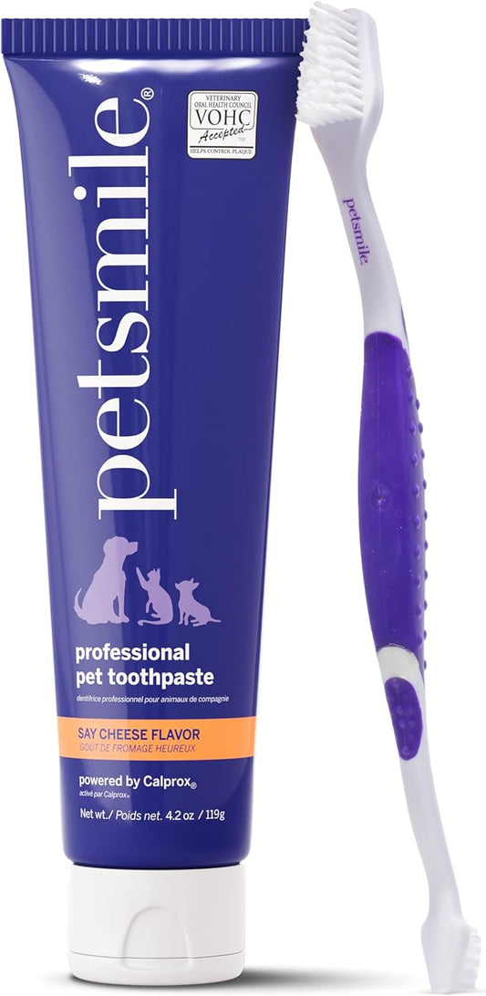 Petsmile Professional Pet Teeth Brushing Kit for Cats & Dogs - VOHC Accepted Toothpaste & Patented Toothbrush - Proven to Control Plaque & Tartar Calprox Formula (Say Cheese, 4.2 Oz)
