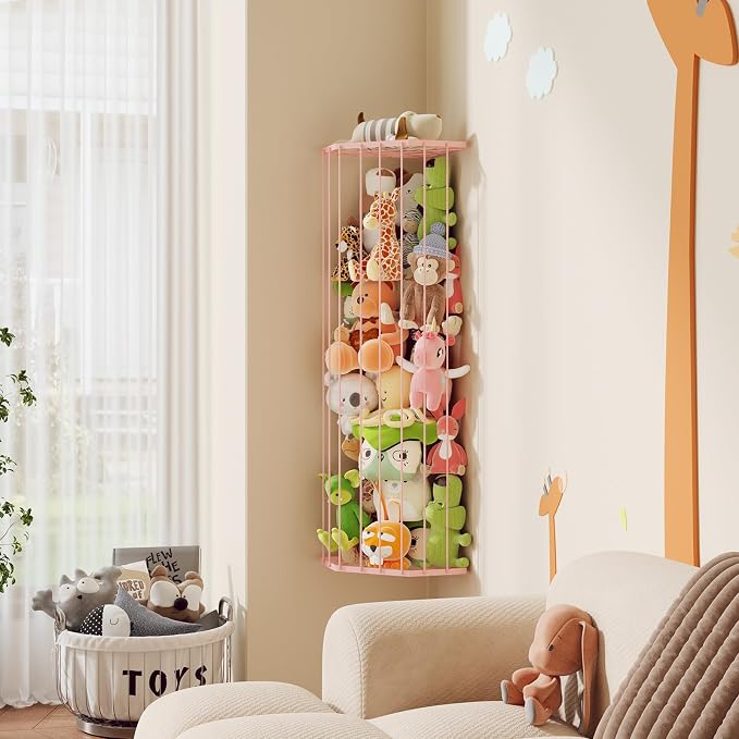 BBLlKE Stuffed Animal Storage Zoo - Corner Plush Toy Organizer Length Adjustable, Wall Hanging Stuffed Animal Net Holder for Nursery Playroom Bedroom Kids Room, Pink