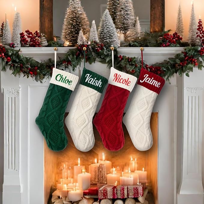 Personalized Christmas Stocking Large Custom Knitted Embroidered Name Xmas Stocking for Family Kids Pets Fireplace Party Decor