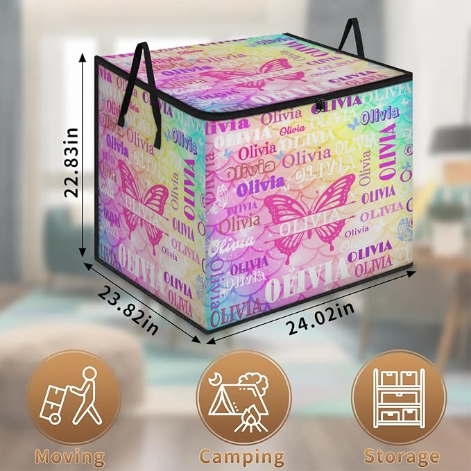 Personalized Large Storage Basket with Lid, Comforters, Bedding Storage Bin with Handles for Home, Collapsible Basket for Clothes, Moving, Car Trunk, Coolorful Pink Mermaid Scale with Butterfly