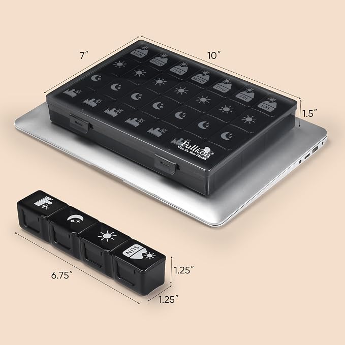 Fullicon Large Pill Organizer 4 Times a Day, 7 Day Pill Box, Black | Each Compartment Holds 12 Fish Oils or 13 Vitamins, Clear Daily Icons, Durable Printing, Easy Open, Secure Snap Lids