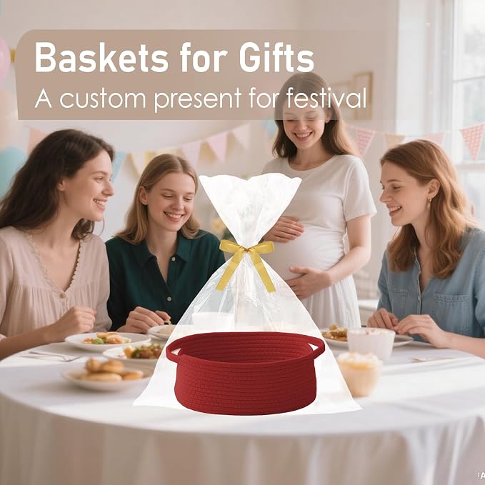 JMvicyroam Small Woven Basket, Empty Gift Basket, Red/2 Pack | Small Gift Basket, Cotton Rope, 12 x 8 x 22 in, Handles, Includes Ribbon and Bag, Birthday Gift Basket