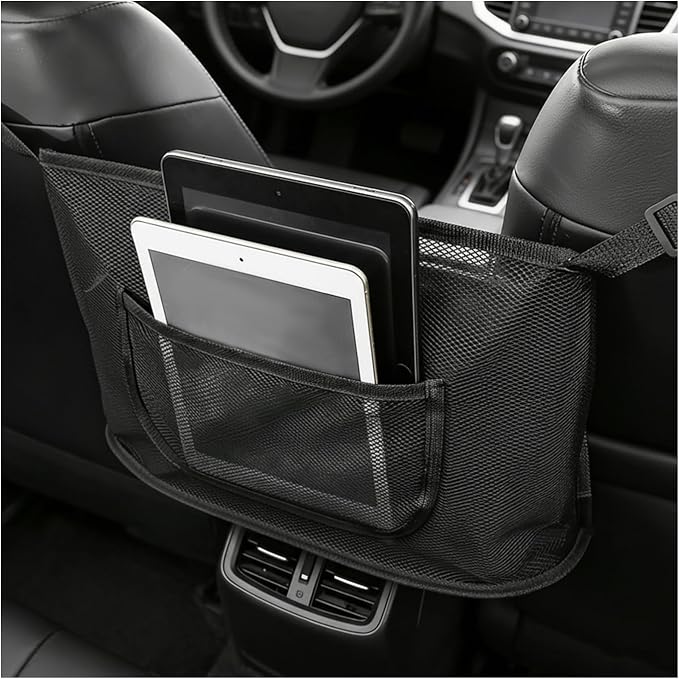 Car Net Pocket Handbag Holder, Large Capacity Mesh Bag for Console Front Seat, Barrier of Backseat Pet Storage Netting Pouch for Handbag Purse, Car Accessories for Women Men (Black)