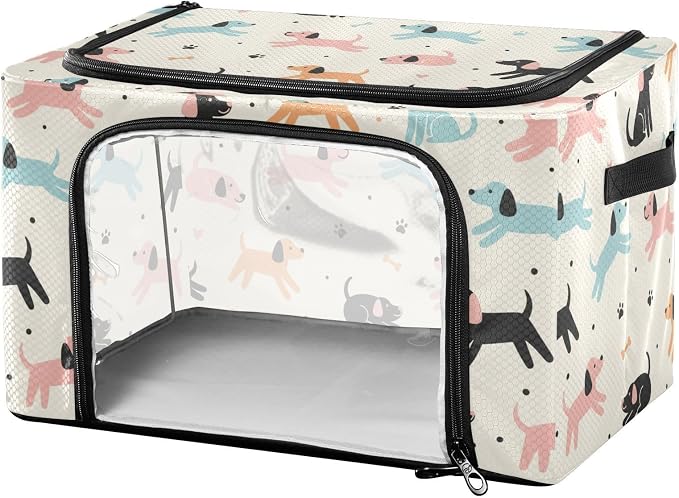 Cute Pets Dogs White print Under Bed Storage Containers with Double Zipper Openings, Foldable Clothes Storage Bins with Clear Window and Handles for Blankets Comforters Bedding