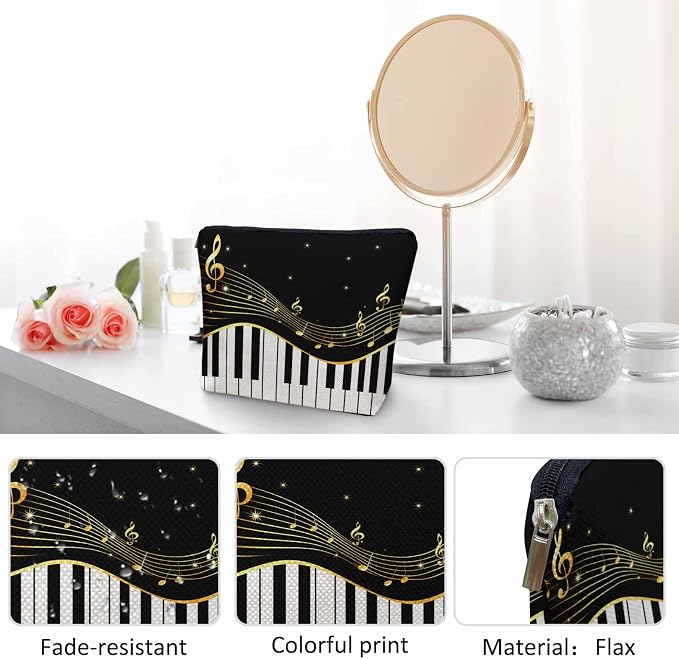 Women Makeup Organizer Bag Piano Music Notes Instrument Piano Flax Cosmetic Bag Makeup Bags Toiletry Bag Accessories Organizer Travel Bags For Home Bathroom Office Hotel Gym Black Golden