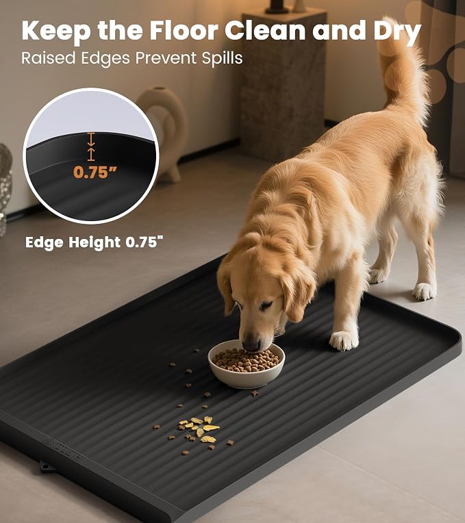 Dog Food Mat 36"x24", Waterproof Dog Bowl Mat, Black | Raised Edges Prevent Spills, Diversion Grooves, Waterproof Surface, Non-slip Backing, Easy to Clean