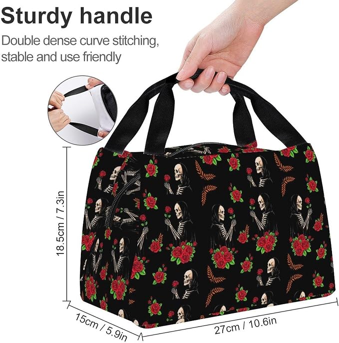 Leakproof Insulated Lunch Bag, Skeleton Love Roses Flowers | Large Capacity Cooler Tote Bags, with Zipper Closure, Versatile Food Carrier Bag, for Picnic Climbing Fishing