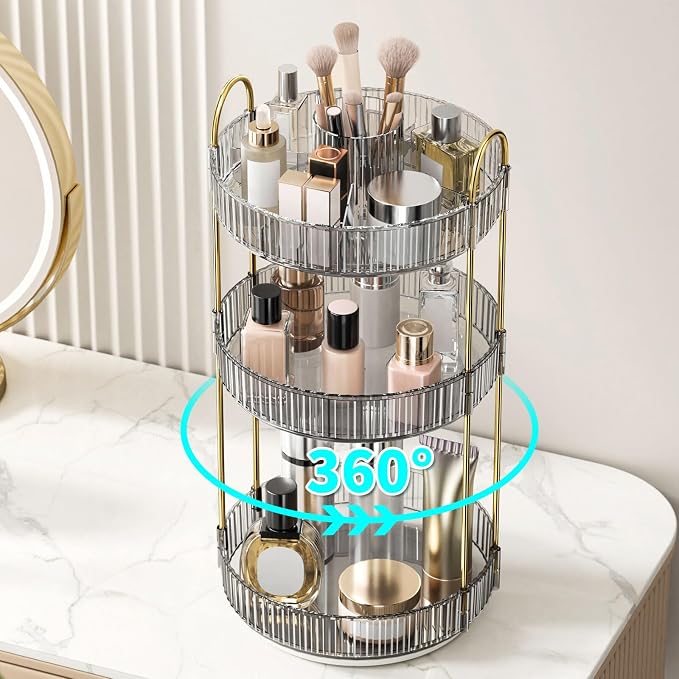 360° Rotating Makeup Organizer, Large-Capacity Skincare Make Up Storage 3 Tier Perfume Organizers Cosmetic Dresser Organizer with Makeup Brush Holder, Fits Bedroom, Bathroom, Vanity Shelf Countertop