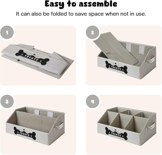 Dog Treat Container, Dogs Storage Organizer with Removable Dividers, Collapsible Dogs Treat Holder for Countertop, Trapezoid Pet Treats Containers, Dog Toy Basket with PU Handles, Medium, Gray