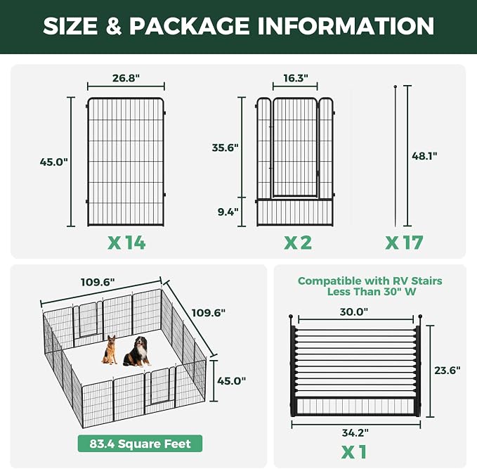 FXW Rollick Dog Playpen with RV Step Grid for RV Camping, 45" H, 16 Panels | Easy Setup & Sturdy, Blocks RV Stair Gaps, Fits RV Steps up to 30"W, For Large Dogs, Patented