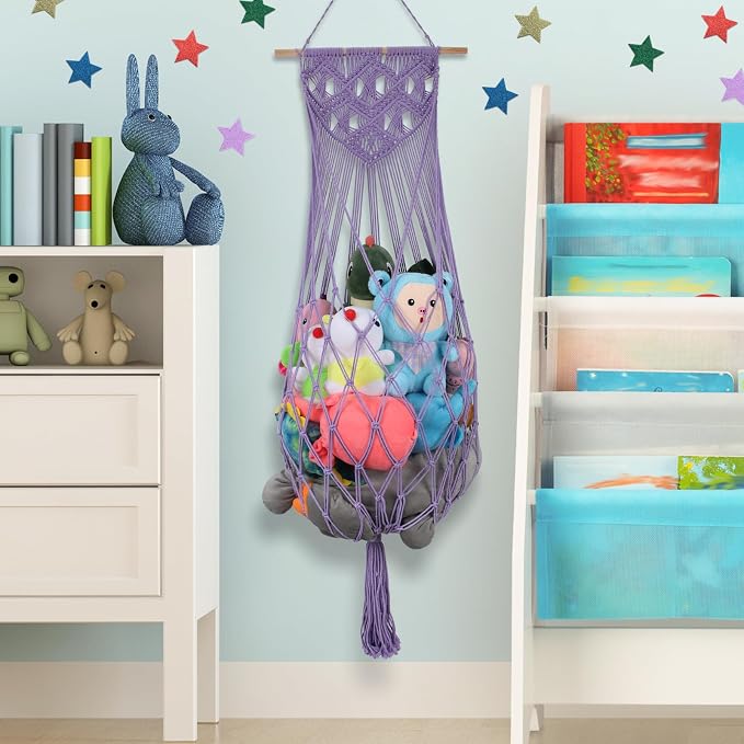 63Inch Stuffed Animal Storage Net Corner,Macrame Toy Hammock,Purple | Wall Ceiling Over Door Hanging Stuffed Animal Hammock Net,Plushies Organizer w/ Star Lights,Nursery Playroom Kid Room Decor