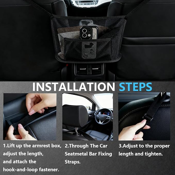 Purse Holder For Car Between Front Seat, Net Pocket Handbag Holder & Backseat Pet/Kid Barrier, Organizer Mesh Bag Storage For Phones/Snacks, Car Accessories For Women
