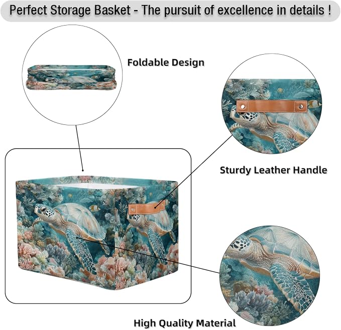 Sea Turtle Storage Baskets with Handle Nautical Storage Boxes Collapsible Nursery Basket Organizer Waterproof Storage Bins for Closet Shelves Book Cloth 15 X 11 X 9.5 IN