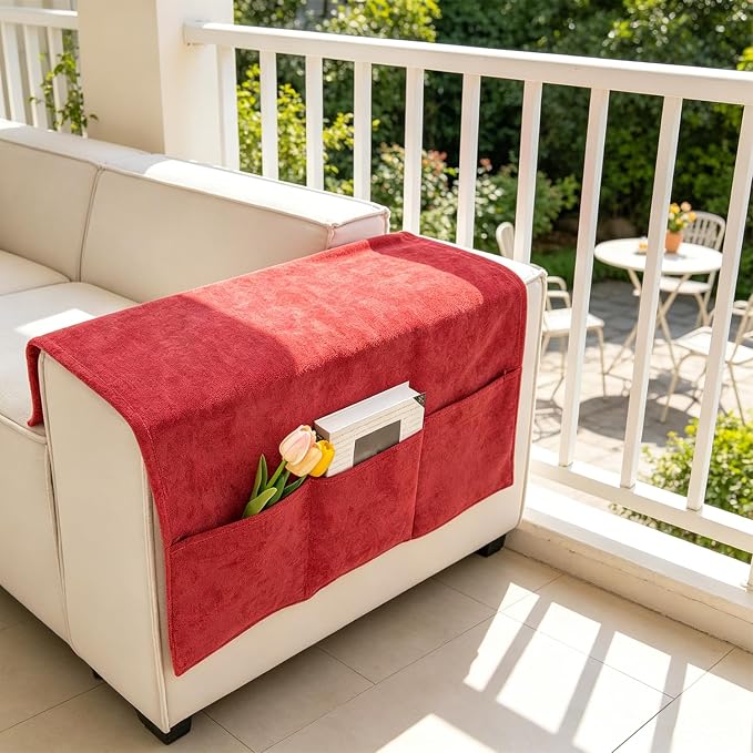 Sofa Armrest Cover with Pockets Set of 2 Solid Color Furniture Protector Slip Chenille Non Slip Recliner Organizer Remote Holder Caddy Accessories for Living Room Bedroom Kitchen 24*43.3 Inch Red
