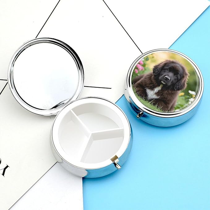 Cute Pet Newfoundland Dog Pill Box Exquisite Round Pill Organizer 3 Compartments Portable Pill Case Waterproof Mini Medicine Container Cute Medicine Box for Pocket Purse Daily Vitamin Holder