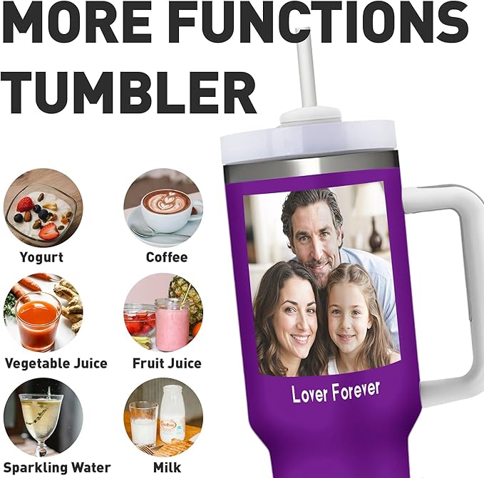 Personalized 40 OZ Ice Bully Cup with Handle and Straw, Custom Stainless Steel Tumbler with Lid Add Photo Logo Text, Design Travel Coffee Cup Present for Family Friends Birthday Christmas