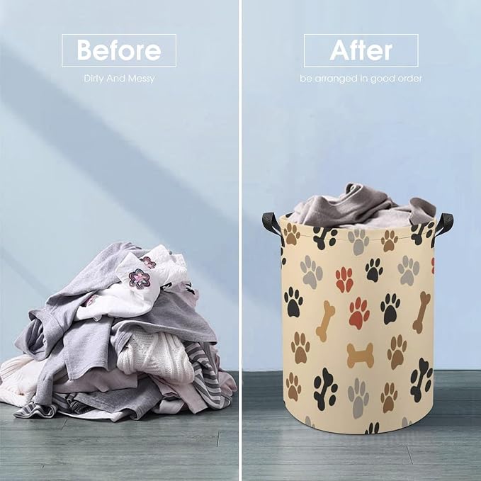 Large Capacity Foldable Hamper Dog Bone Paw Prints Cream, Waterproof Laundry Basket with Handles for Bedroom, Bathroom, and Clothes Storage