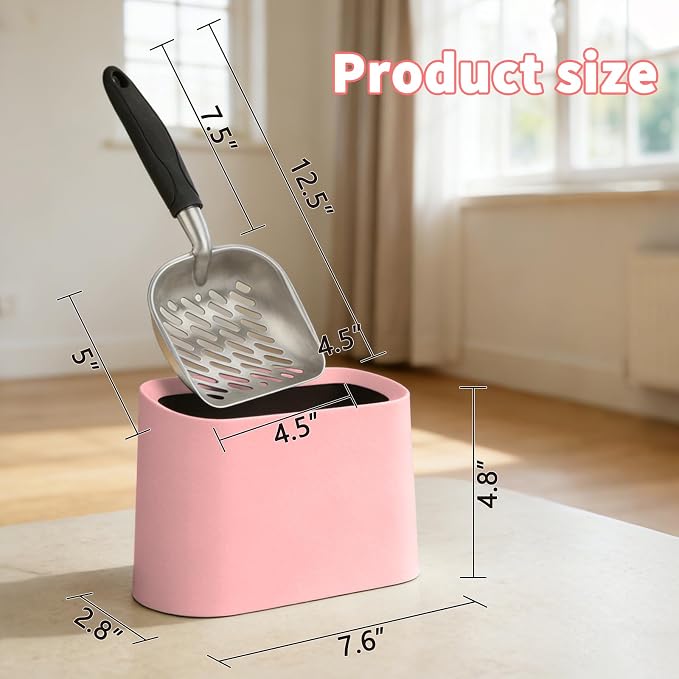 Metal Cat Litter Scoop with Holder, Lidded Caddy Set, Pink | Sifting Slots, Curved Grip, Rinse-Clean Holder, 12 x 4 x 1.5 in Aluminum Scoop, 8 x 2.9 x 5.9 in Lidded Caddy