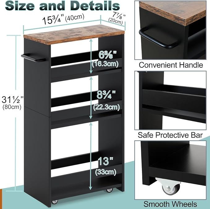 MARTY Slim Rolling Storage Cart 7.9" W Laundry Cart with Wheels,Brown+Black | Narrow Utility Cart Between Washer and Dryer, 3 Tier Mobile Shelving Unit for Kitchen, Laundry, Bathroom, Office, Living Room