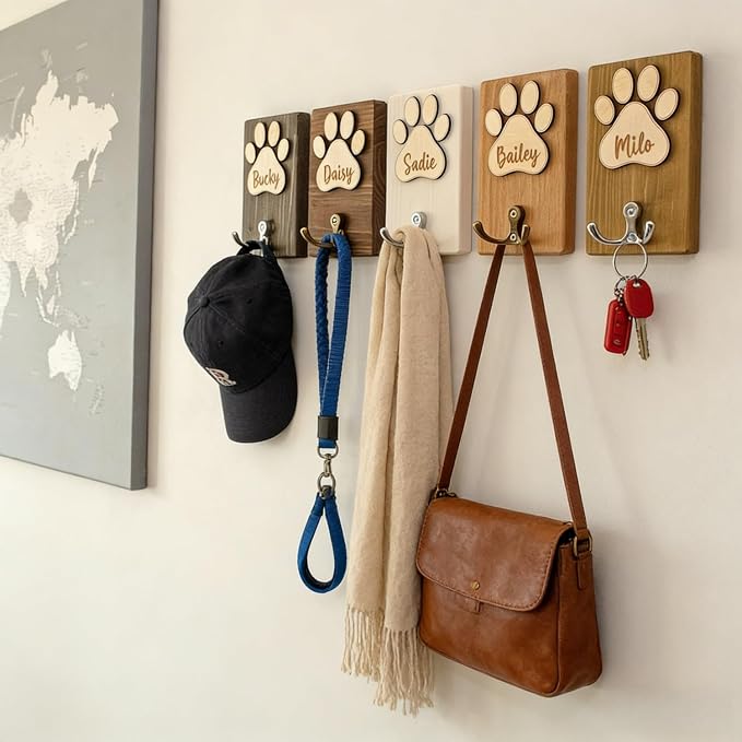Personalized Wooden Pet Leash Hook, Custom Engraved Dog Name Hook Rack Pet Collar Wall Mount Organizer Gift for Dog Lovers