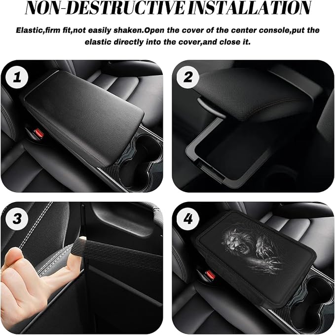 Howilath Black Lion Car Armrest Cover, Arm Rest Covers for SUV Sedan | Machine Washable. Auto Accessories with 2 Side Pockets for Storage, Easy Stretch-on Install