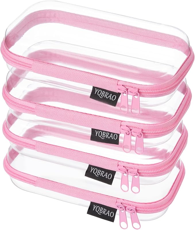 YQBRAO Clear Hard Shell Zipper Cases, 4 Small Cable Organizers, Pink | Rigid 1.2 mm PET and YKK dual zippers for cosmetics, charging cords, pens and travel accessories