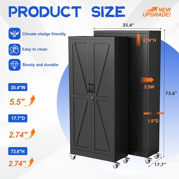 GAIOUS 73.6" Tall Metal Storage Cabinet with Lock and Wheels, File Cabinet | for Home Office, Garage Storage Cabinets with 2 Door and 5 Adjustable Shelves, Rolling Tool Cabinet, Utility Cabinet, Black