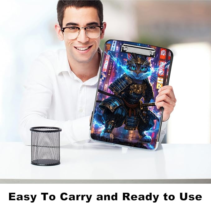 A4 Clipboard with Storage Pen Holder, Clipboards Organizer Nursing Clipboard Foldable File Folder Plastic Clipboard Folio Clip Board for Office Work Classroom Doctor, Blue Flame Cat