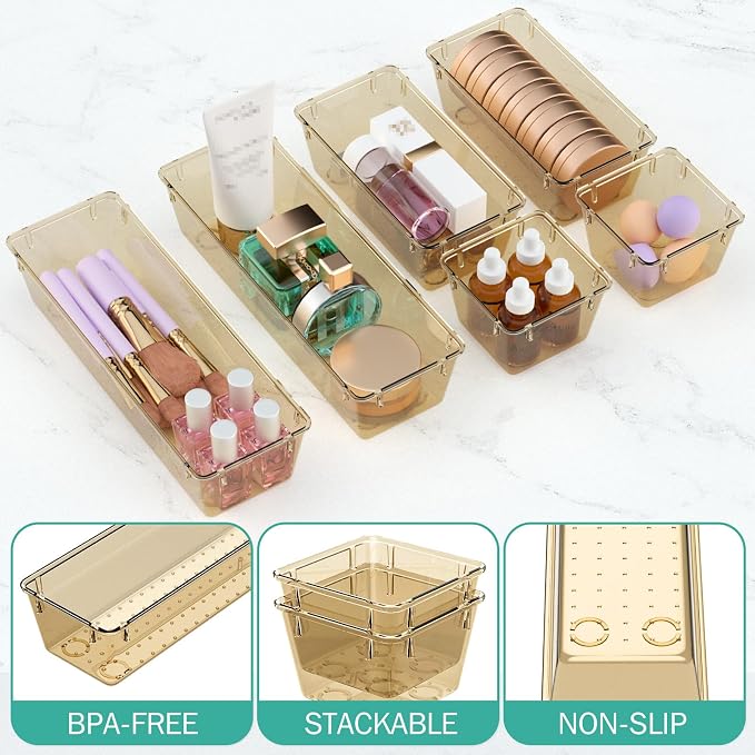6 Pack Clear Drawer Organizer Set, Drawer Storage Trays, Storage Bins | Acrylic Drawer Storage Trays, Storage Bins for Makeup, Cosmetics, Jewelries, Utensils, Gadgets, Office