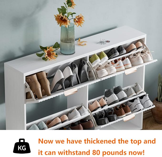 Shoe Cabinet Storage,Modern Freestanding Organizer with 4 Flip Drawers,Narrow Shoe Rack Cabinet for Entryway,White