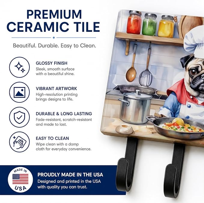 Caroline's Treasures Pug The Chef Leash or Key Holder Wall Hooks, Key Hooks Holder, Coat Rack Wall Mount, Coat Hooks, Hooks for Hanging Keys, Towels, Aprons, Leashes | Pug The Chef artwork on ceramic tile with three steel hooks for keys, leashes, towels