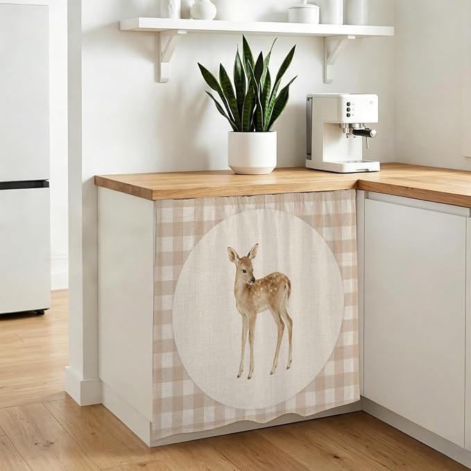 Resting Fawn Cabinet Dishwasher Hidden Curtains, Privacy Closet Door Curtain, Retro Natural Animals Farmhouse Plaid Adhesive Dust Proof Under Sink Skirt for Bathroom Kitchen 35"x35"